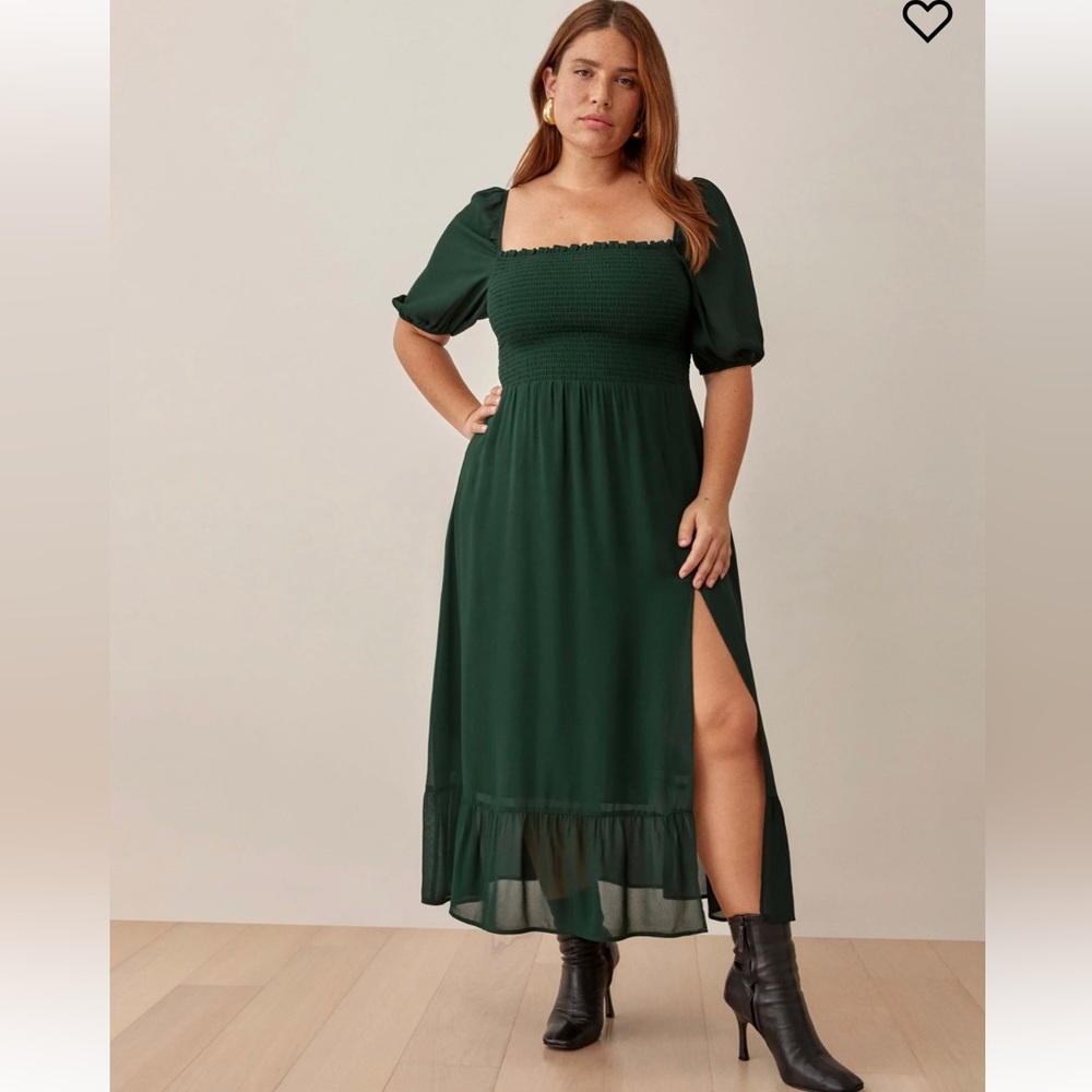 Reformation Dark Green Smocked Square-Neck Midi Dress